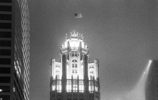 Chicago tribune building at night close-up