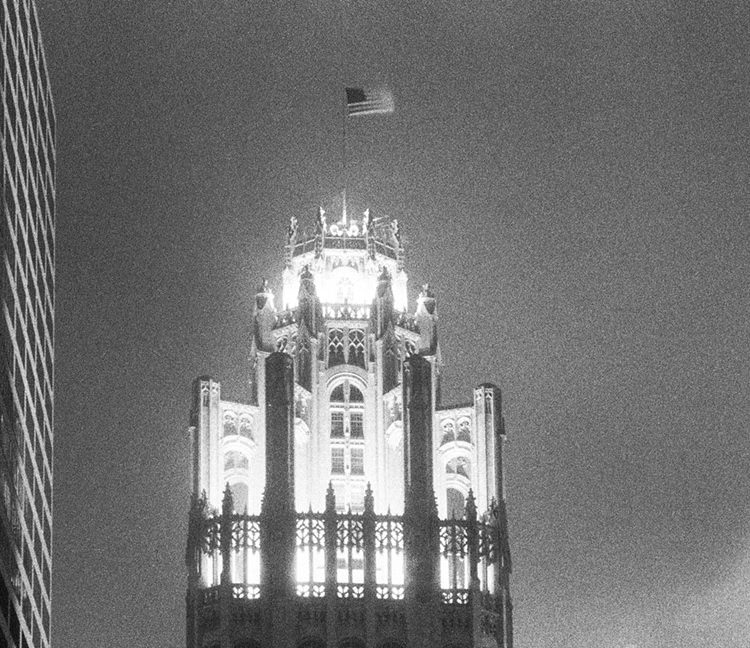 Chicago tribune building at night close-up